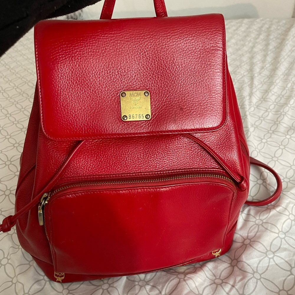MCM Red Leather Backpack with Gold Hardware